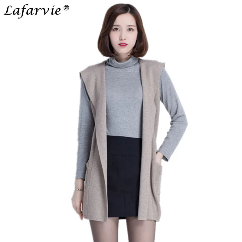 

Lafarvie Cashmere Vest Pure Wool Sweater Female Hooded Sweater Vest Long Section of Tthe Spring&Autumn Sleeveless Cardigan
