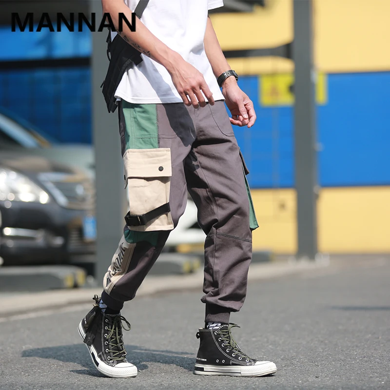 

MANNAN 2019 Brand New Hip Hop Cargo Pants Highstreet Color Block Contrast Sweatpants Regular Drawstring Men Joggers Streetwear