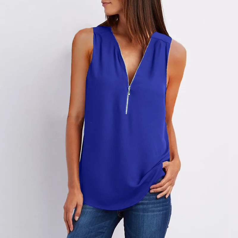 

2018 Summer Sexy Sleeveless Chiffon Blouse Shirt Women Loose Casual Tops Tee V Neck Zipper Shirt Ladies Blouses Blusas S-5XL
