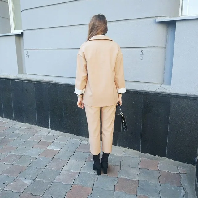 Women Fashion Two Piece Autumn New Style Simple Coat Female Camel Color Pure Two Pcs Set Loose Stylish Suit Femme