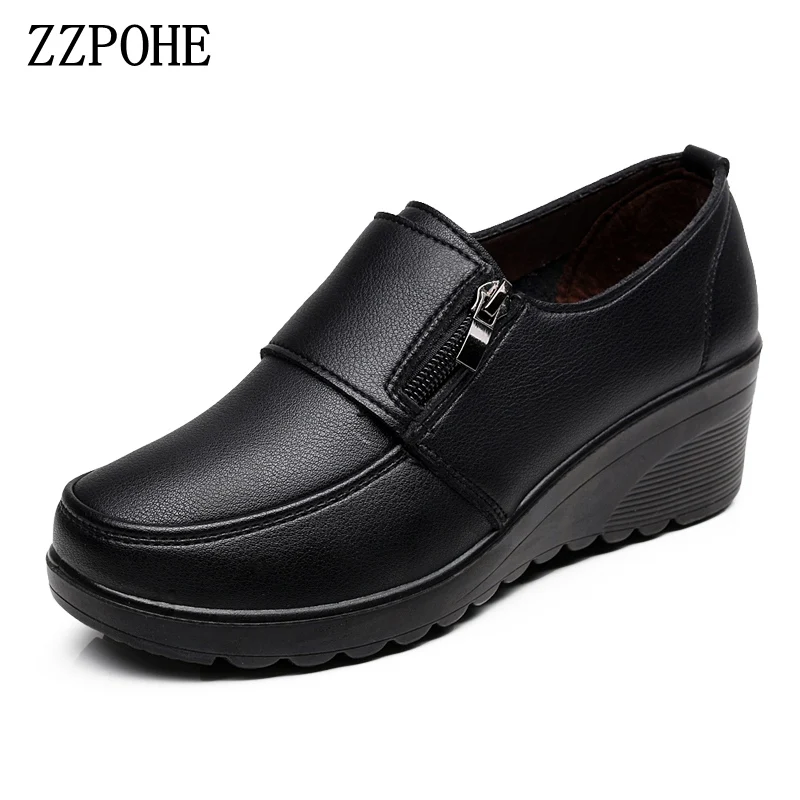 Prix ZZPOHE Printemps Automne Femmes de mode Pompes chaussures femme véritable compensées en cuir unique casual chaussures mère haute talons chaussures