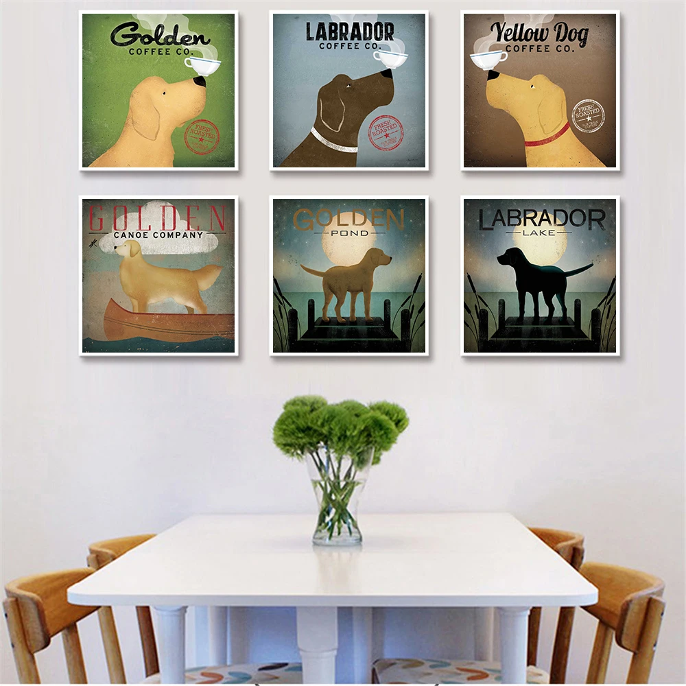 Drop Shipping Vintage Poster Airedale Pugs Beagle Yellow Dog Canvas