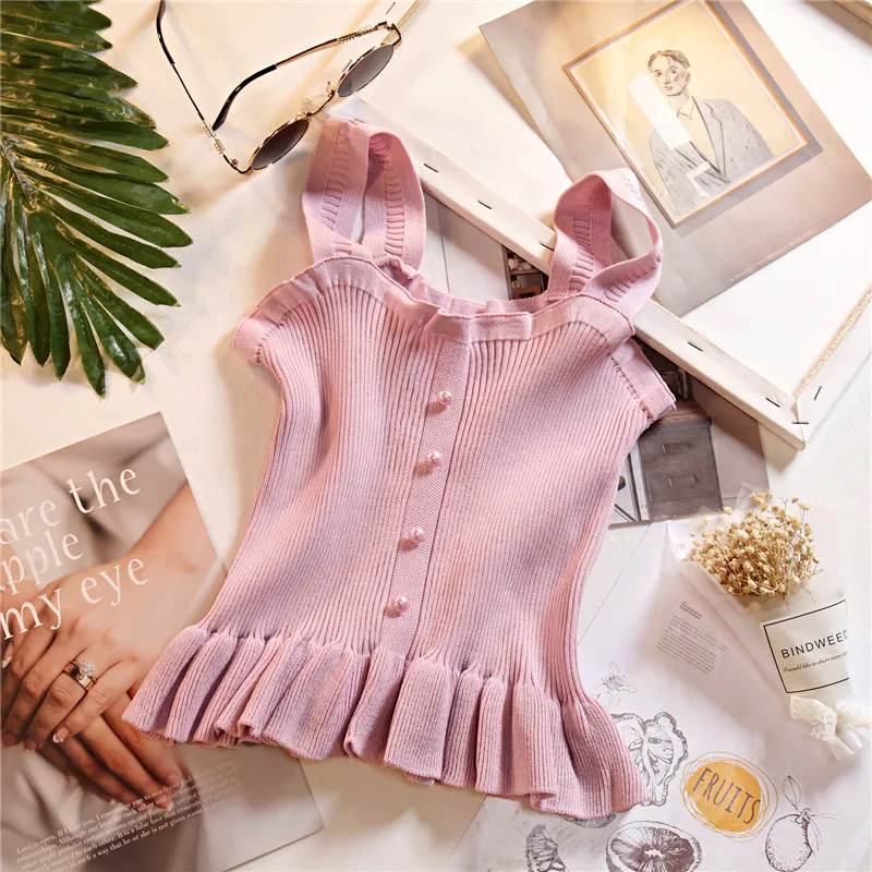 Sexy Stretchable Knit Slash Neck Crop Ruffles Cami Tops Summer Style 2018 Vogue Women Sexy Spaghetti Strap Camisole Tank Shirt Tops