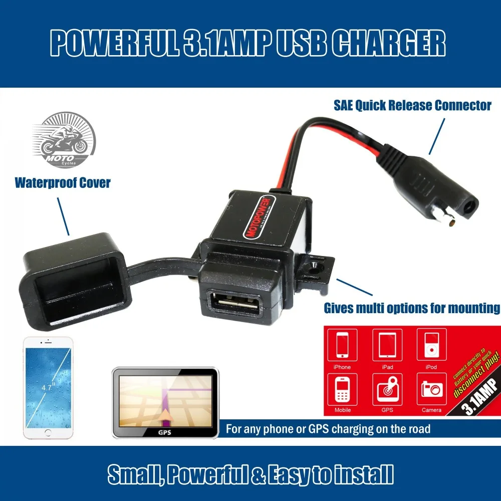 MOTOPOWER MP0609A 3.1Amp водонепроницаемый мотоцикл USB зарядное устройство SAE к USB адаптер для телефона и gps зарядки в дороге