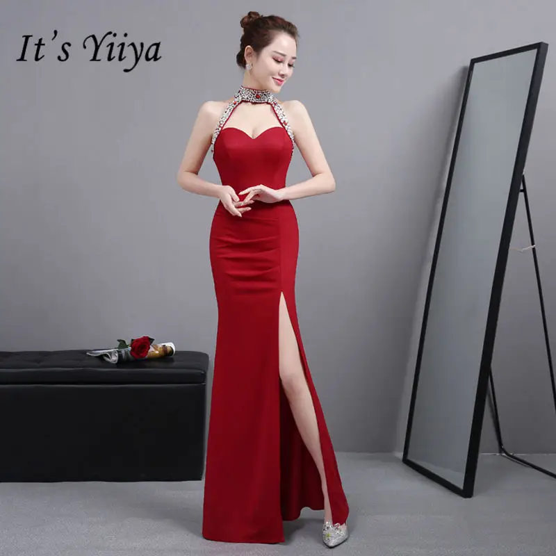 Это YiiYa сексуальный Холтер блестками русалка платья Vestidos очаровательные Сплит Труба вечерние платья H021 - Цвет: Красный