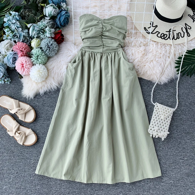 Very fairy dress female new sexy tube top waist off the shoulders solid color long wild dress
