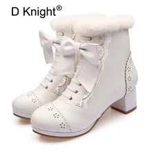 Модные ботинки в стиле Лолиты женская обувь на платформе и высоком каблуке оригинальная Молодежная обувь Лолита с бантом зимние ботильоны с круглым носком и кружевом