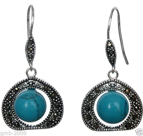 

brinco brincos SPECIAL DESIGNED VINTAGE 925 10MM BLUE STONE BEAD MARCASITE HOOK EARRINGS 11/2" for women jewelry