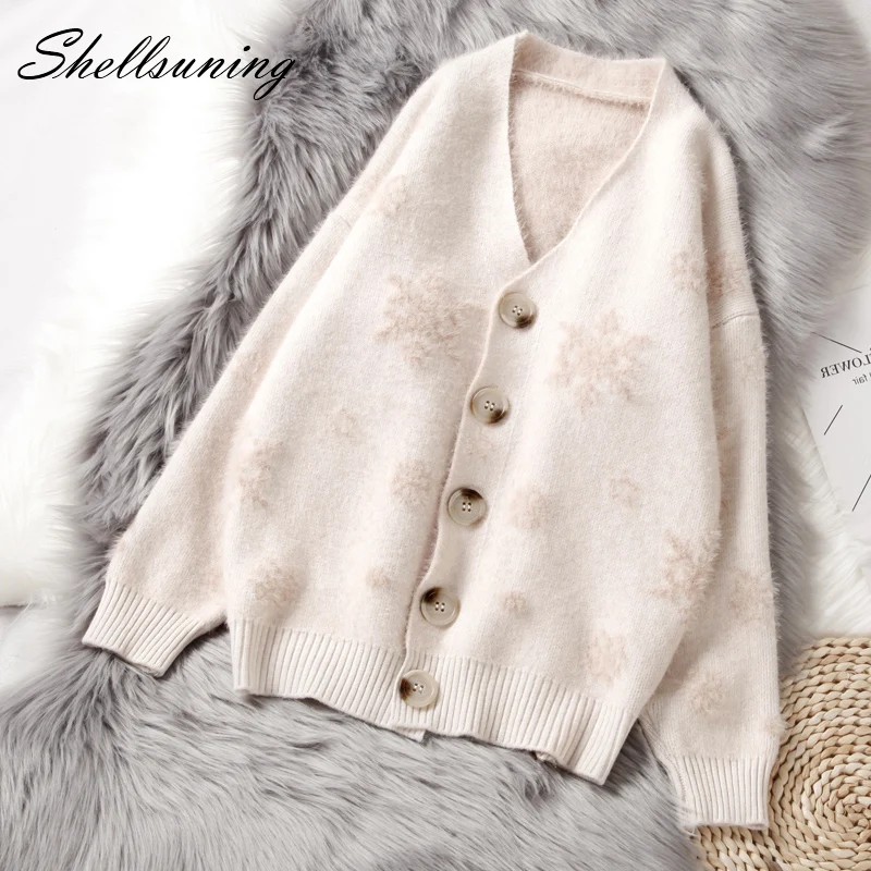 

Shellsuning Snowflake Cute Beige Sweater Women New 2019 Korean Autumn Winter Knitted Loose V Neck Soft Warm Female Casual Coat