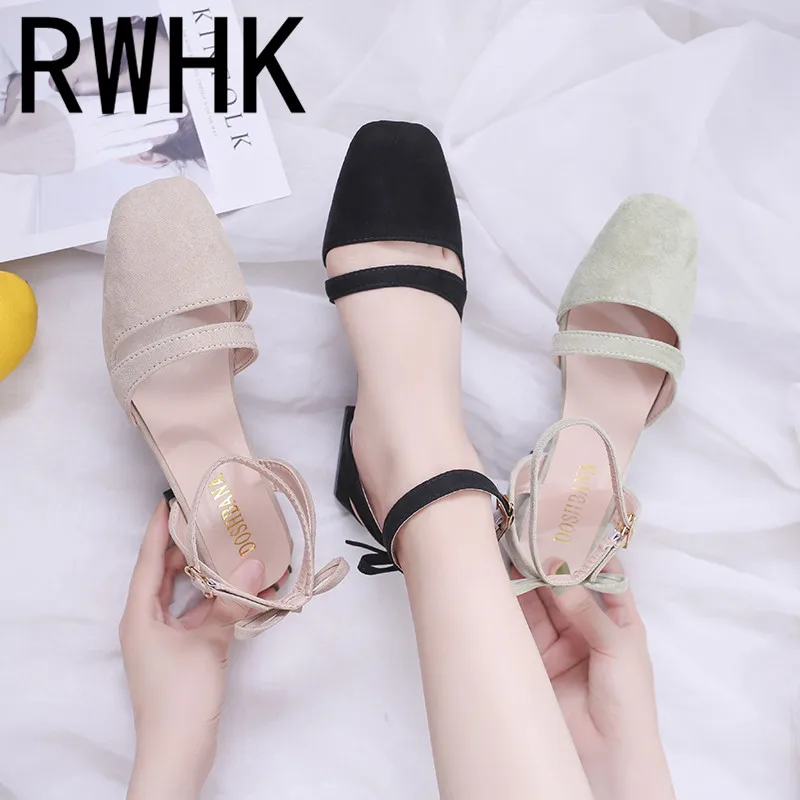 

RWHK 2019 new summer women's shoes Korean version of suede square head with a word buckle low with Baotou sandals women B224