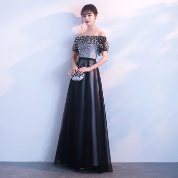 

Black Off Shoulder Women Chiffon Banquet Gowns Floor Length Slim Noble Elegant Evening Party Dress Floral Sexy Vestidos S-XXL