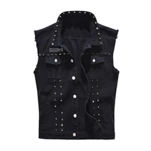 MJARTORIA 2019 Male Denim Black Jeans Vest Coat Sleeveless Rivet Spring Casual Male Streetwear Cowboy Pocketed Waistcoat Jackets
