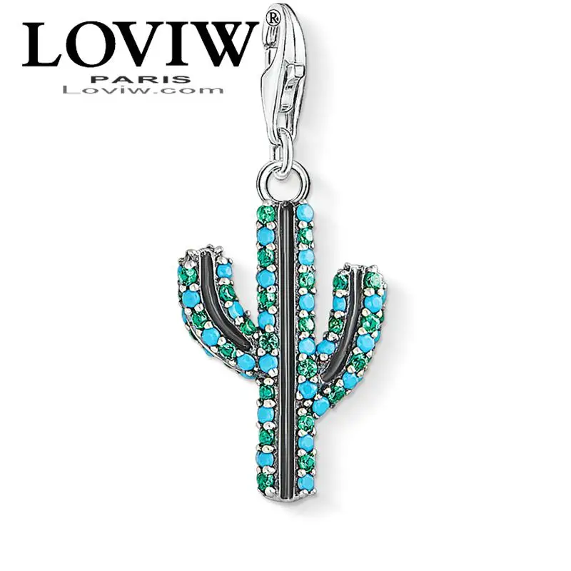

Charm Pendant Blue Pave Cactus thomas sabor Fashion Jewelry Trendy new 925 Sterling Silver Gift For Women Men Fit Bracelet