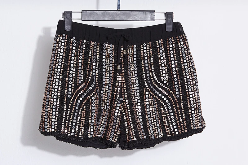 Summer Women Casual Sequin Shorts Vintage Beaded Elastic Waist Striped Straight Shorts Sexy Party Club Chiffon Shorts