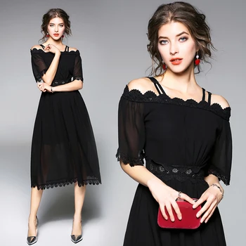 

new spring and summer a word shoulder chiffon dress hollow out black sexy party lace lady dress european fashion outfit S-XXL