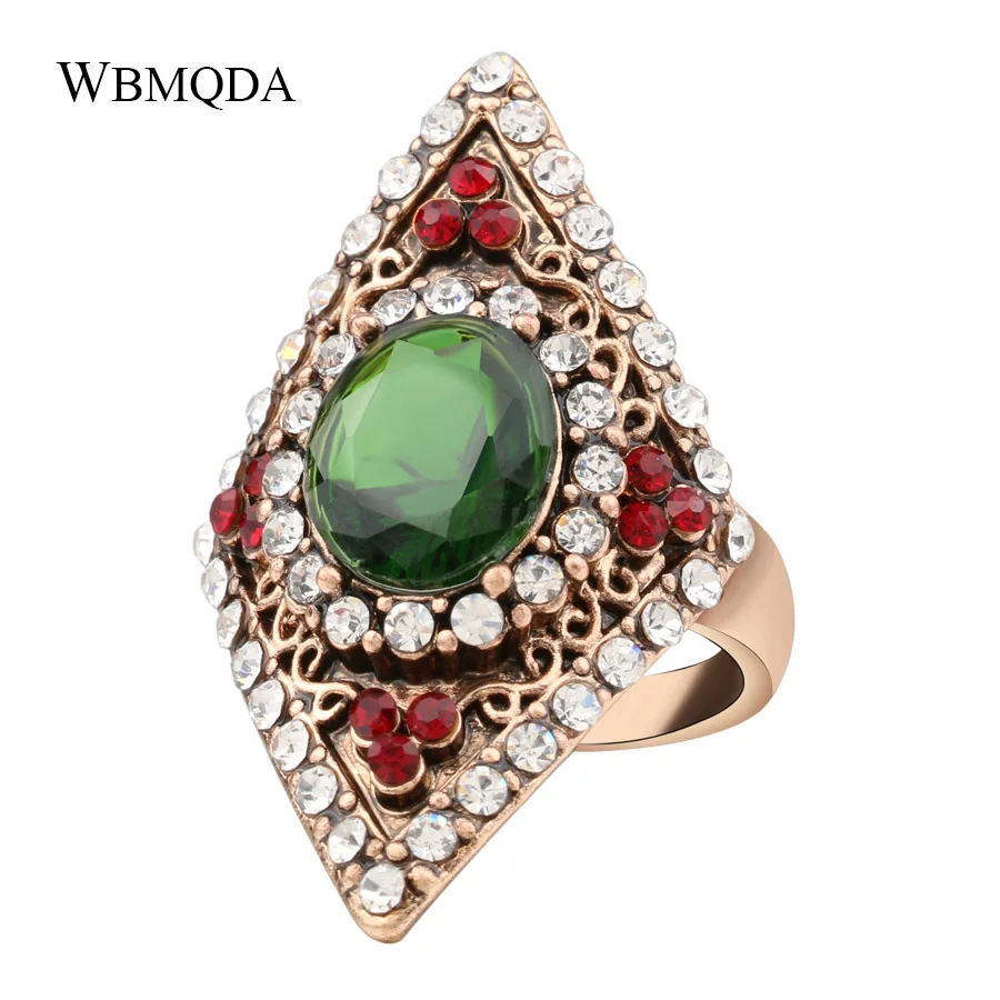 

Bohemian Rhombus Red Crystal Ring Turkish Antique Gold Big Green Stone Rings For Women Vintage Jewelry Accessories