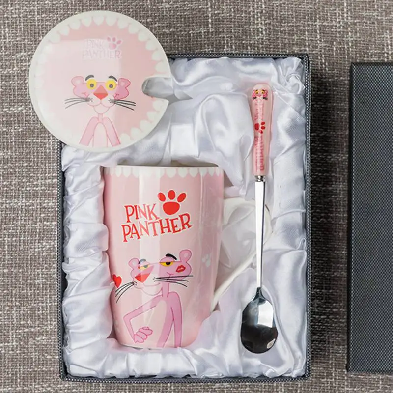 Розовая пантера кофейная кружка с ложкой крышки 350 мл креативные керамические чашки и кружки на день рождения девочки мальчика Рождественский подарок - Цвет: 4