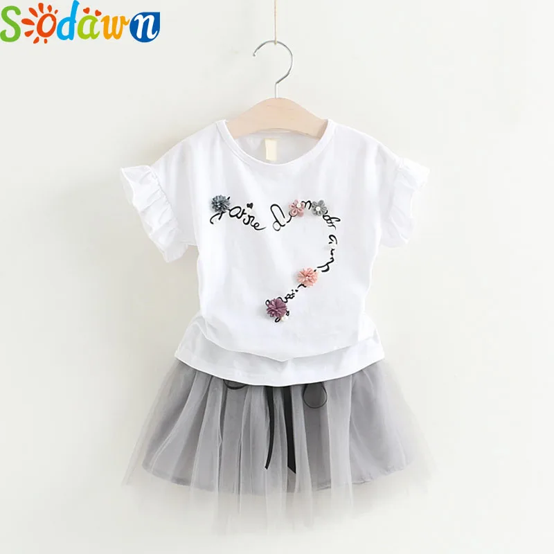 Sodawn/ Новая летняя одежда для детей Модный комплект одежды для девочек, футболка с цветами и жемчужинами+ платье из пряжи и тюля Одежда для девочек 2-7 лет