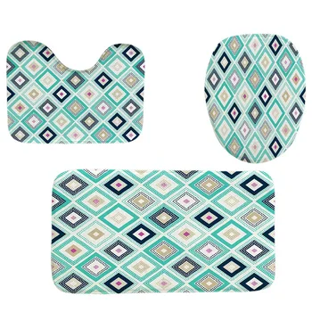 

4Pcs Home Bathroom Decor Set Bohemian Style Diamond Pattern Toilet Seat Cover Bath Mat Set + Waterproof Shower Curtain