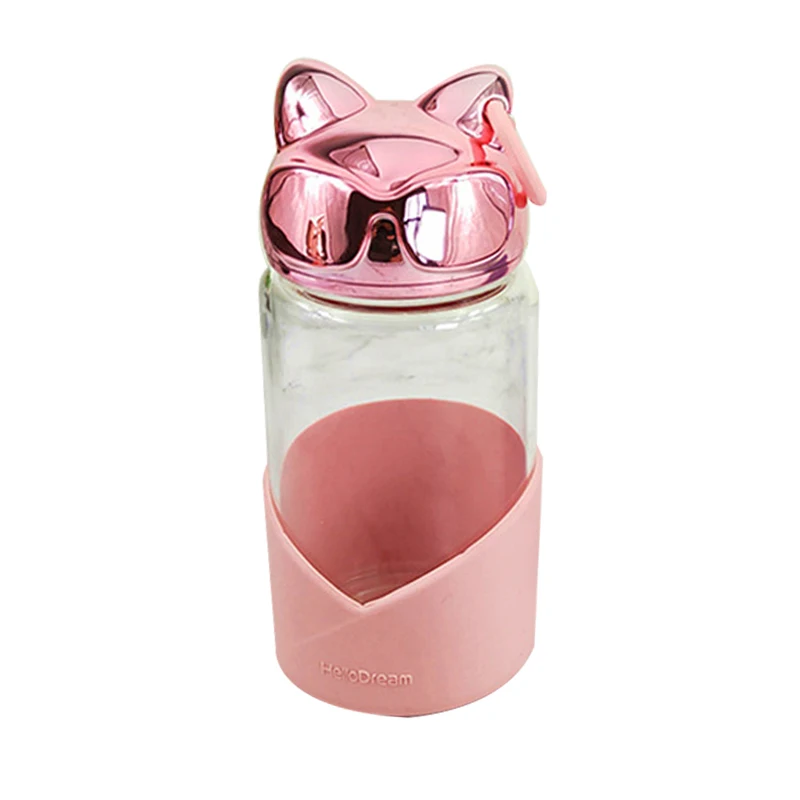 JOUDOO креативная стеклянная бутылка для воды в виде кота, милая Высококачественная стеклянная чашка, короткая Студенческая посуда для путешествий на открытом воздухе, бутылка для напитков, подарок для девочки 35 - Цвет: pink gold