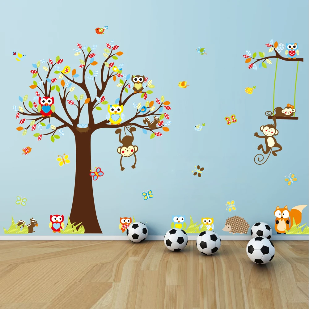 Colorful Squirrel butterfly Forest Animal Monkey swing Owls Tree Wall Sticker Mural Decal children bedroom Home Decor | Дом и сад