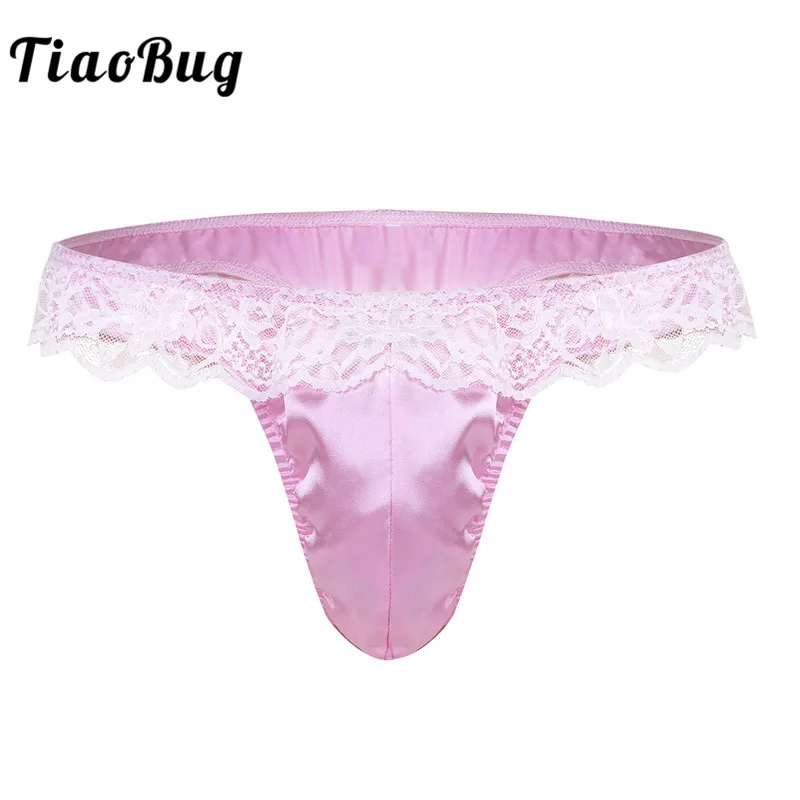 

TiaoBug Mens Lingerie Bulge Pouch Ruffle Lace Shiny Bikini Thong Sexy Gay Men Underwear Hot Sissy Panties Tanga hombre Jockstrap