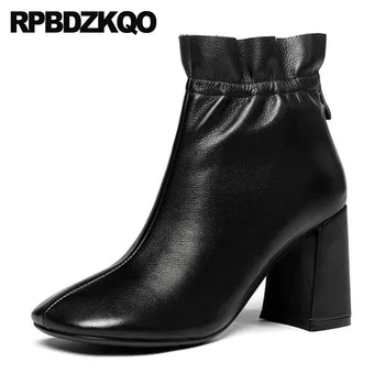 

black square toe high heel quality big size chunky ankle brand women winter boots genuine leather shoes autumn booties fur short