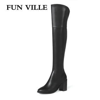 

FUN VILLE 2018 New Style Women over the knee Boots Genuine Leather Winter High heel Boots Warm Pointed toe Zipper Big size 34-45