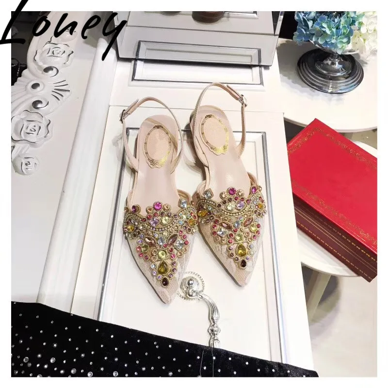 

Loney New Crystal Jewel Beading Summer Sandals Sexy Pointed Toe Laces Slingback Flats Sandals Shoes Women