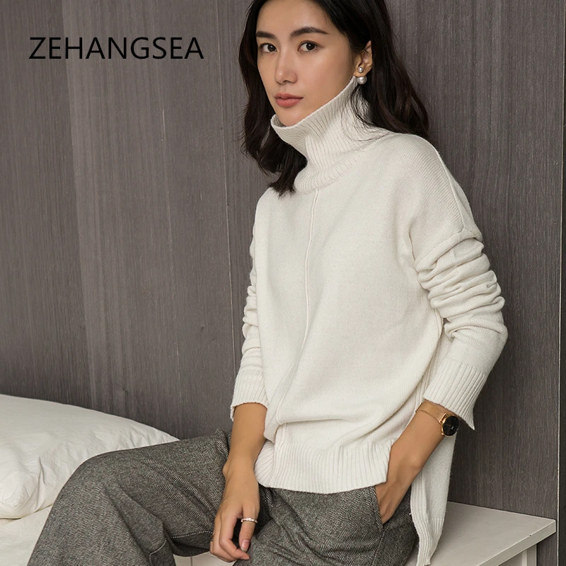 New winter ladies cashmere sweater high collar short solid color loose soft fashion casual warm breathable comfortable sweater