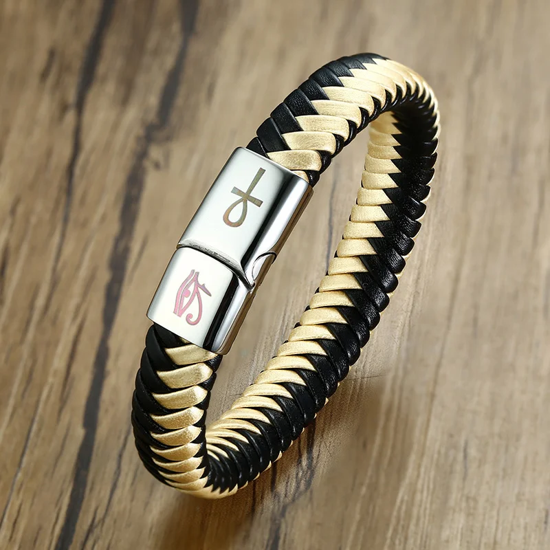 Гравировка коса кожаный браслет с нержавеющая сталь браслеты Египетский Глаз Horus Ankh крест контраст персонализированные подарки