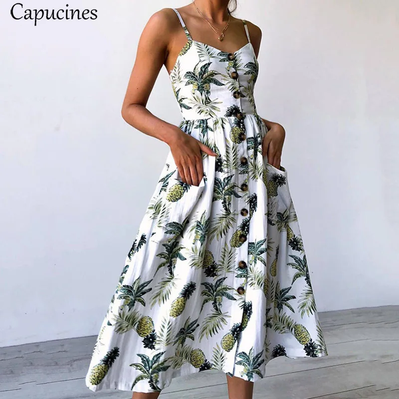 

Boho Style Sunflower Pineapple Floral Print Long Dresses 2018 Summer Women Button Sexy V Neck Backless Strap Casual Beach Dress