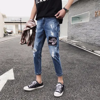 

HOT 2020 Fashion Casual Leisure teenagers men accept feet jeans hole high street hip hop embroidery patch trousers ankle length