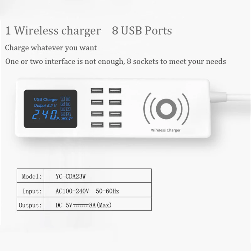 Original Wireless Charger 8 USB Port Smart Mobile Phone Charger LED Display US UK EU Plug Power Socket Adapter Desktop Charger