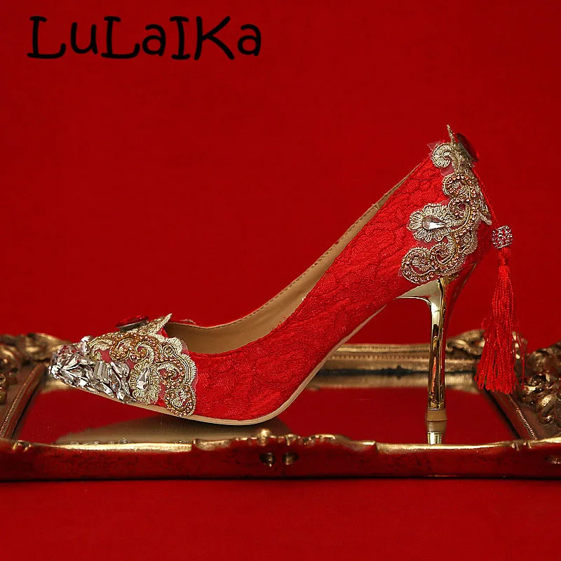 Shoes Woman Red Heels Wedding Shoes Crystal Diamond Tassel Pumps Bride Shoe Party Dress Shoes Gold Color Lady High Heels 9cm,7cm