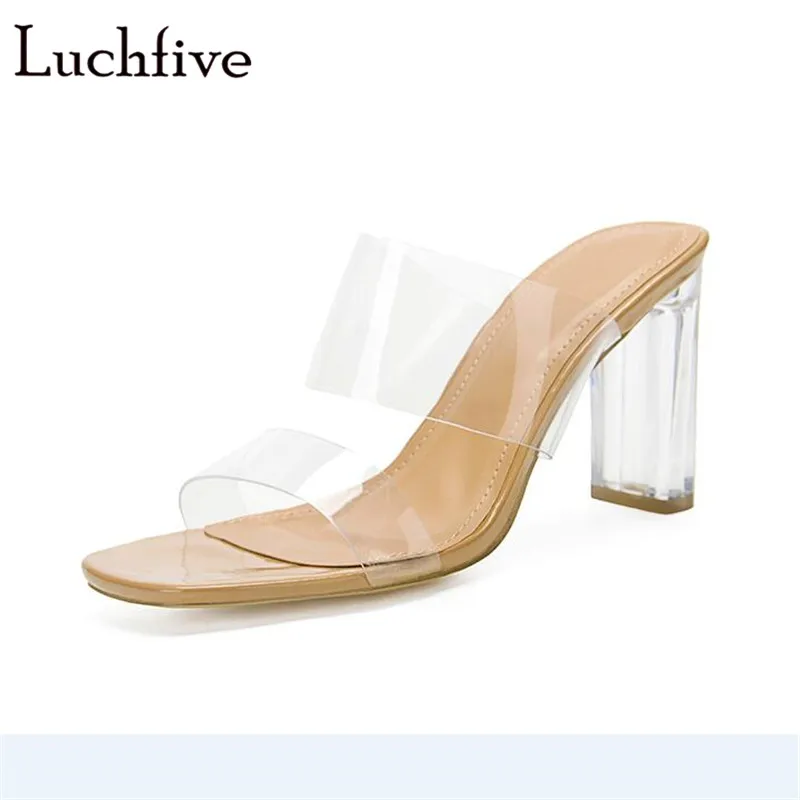 

PVC Clear Heels Summer Slippers Open Toe Runaway Slides Shoes Woman Beige Transparent Ladies Shoes With Heels Zapatos De Mujer