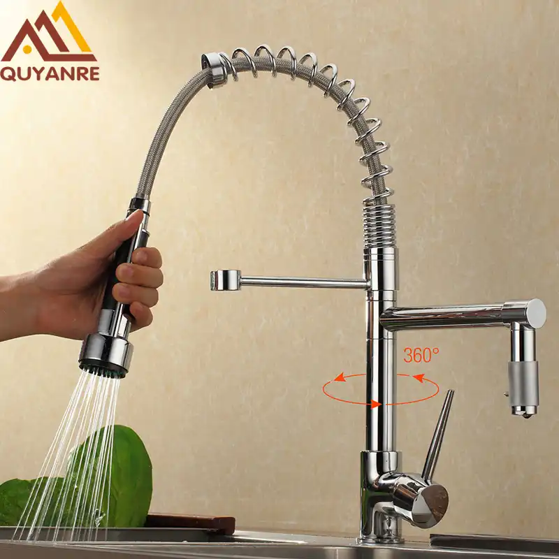 Chrome Black Kitchen Spring Faucet Pull Down Spray Dual Outlet