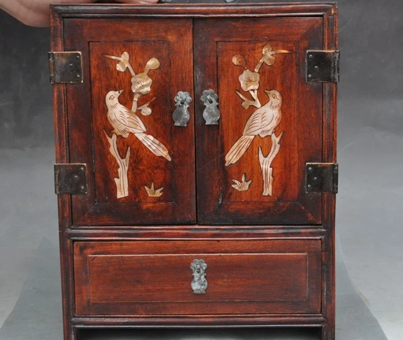 

China Yellow Rosewood Inlay Shell carving Flower Bird Cabinet Container Lockers