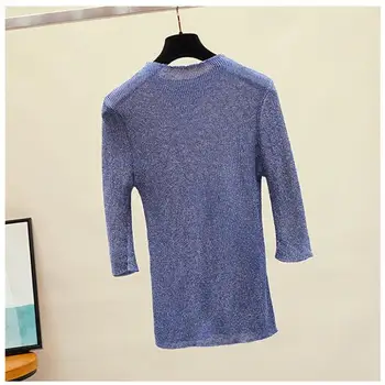 

Nonis Chic Bright Silk Knitted Mid Sleeve Shining Women Long Slim Fit Female Underwear Tops Blouse 2019 Casual Pullover