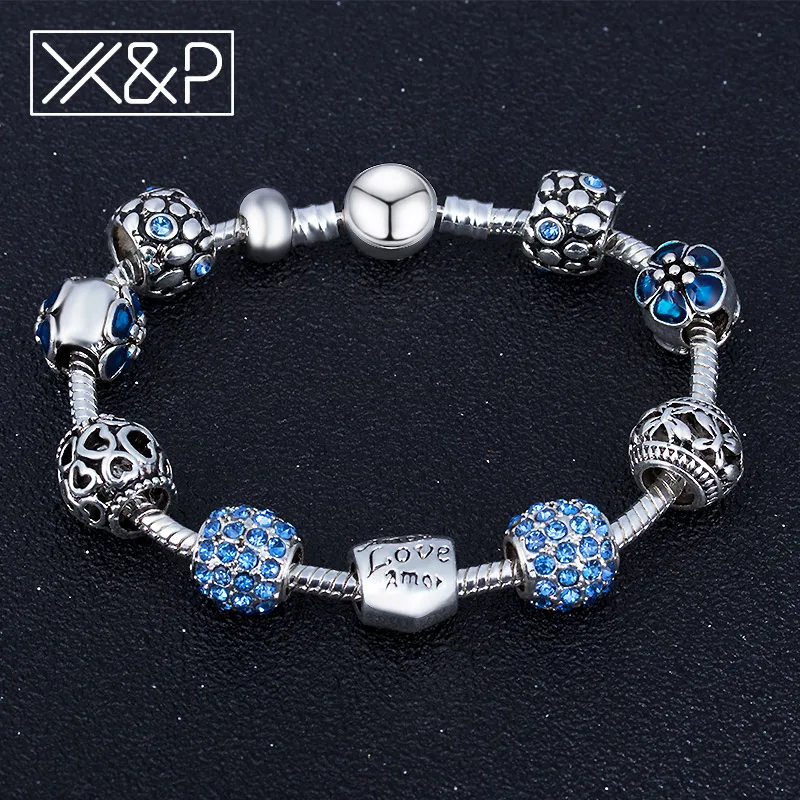 X & P Античный цвет серебра талисман браслет с любовью и цветком хрустальный шар