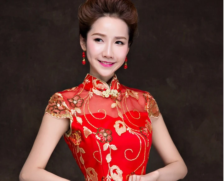 Красное китайское свадебное платье женское длинное Ципао с коротким рукавом золотое тонкое китайское традиционное платье женское Qipao для свадебной вечеринки