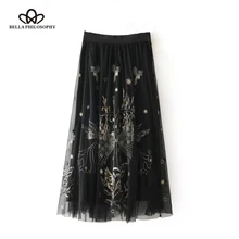 Bella Philosophy зимняя женская повседневная юбка с завышенной талией модная женская юбка с вышивкой Бабочки Длина по щиколотку черная юбка