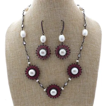 

S012611 19" White Pearl Chain CZ Pave Flower Gunmetal Necklace Earrings Set