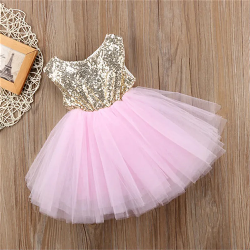 Платье принцессы с блестками для девочек; вечерние бальные платья с открытой спиной и фатиновой юбкой; платье-пачка для девочек; детская одежда; платья; Vestidos - Цвет: Розовый