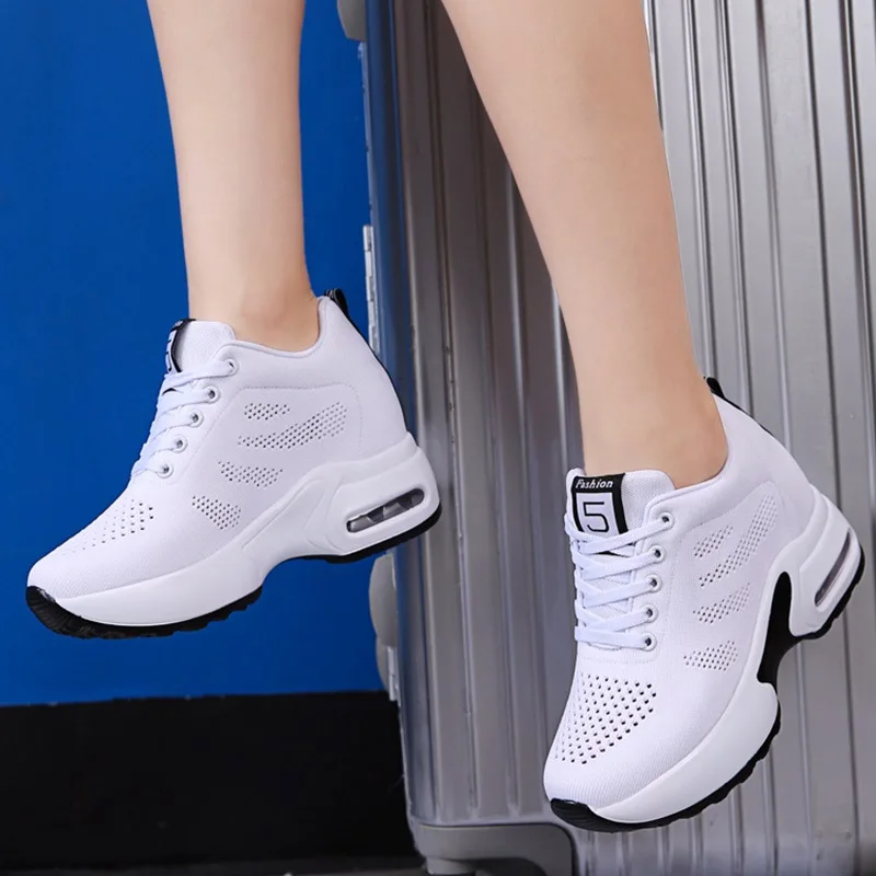 

Air Mesh Height Increased Casual Shoes Woman Breathable Lace Up Platform Sneakers Women 2019 Wedge White Walking Running Shoes