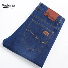 Бренд VROKINO Новые мужские джинсы деловые повседневные Стрейчевые брюки мужские прямые Классические джинсы мужские черные синие 36 38 40