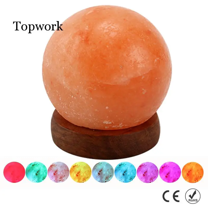 

Round Hand Carved Desk Light USB Himalayan Crystal Rock Salt Lamp Wooden Base Colorful Air Purifier Night Lights
