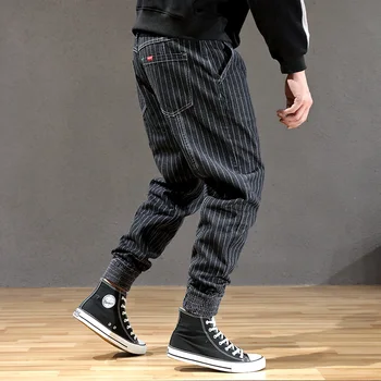 

Fashion Streetwear Men Jeans Black Color White Stripe Designer Loose Harem Pants Slack Bottom Spliced Hip Hop Joggers Jeans Men