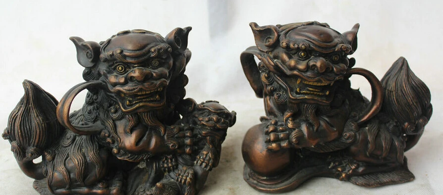 

JP S0524 8" Chinese Bronze Folk Fengshui Foo Fu Dog Guardion Lion Statue sculpture Pair