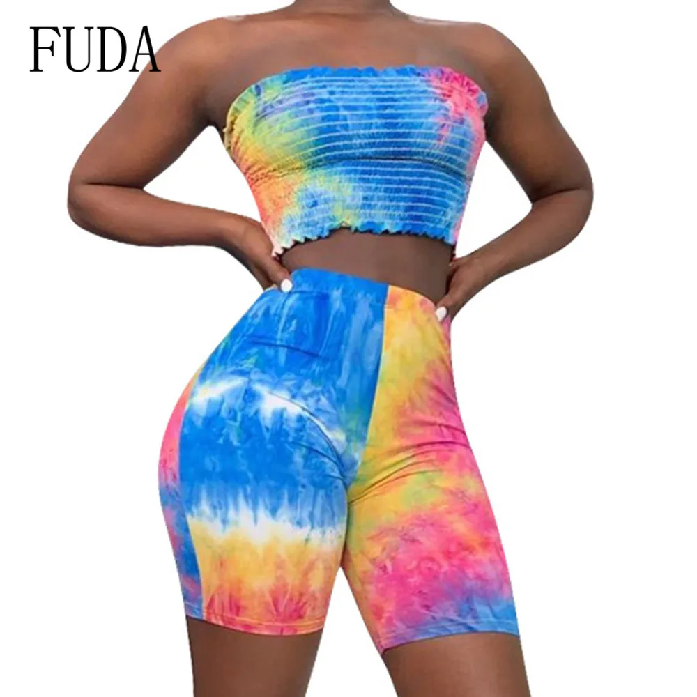 

FUDA Printed Rompers Womens Two Pieces Sets Bodycon Jumpsuits Summer Contrast Pleated Tube Top Playsuits Elegant Retro Bodysuits